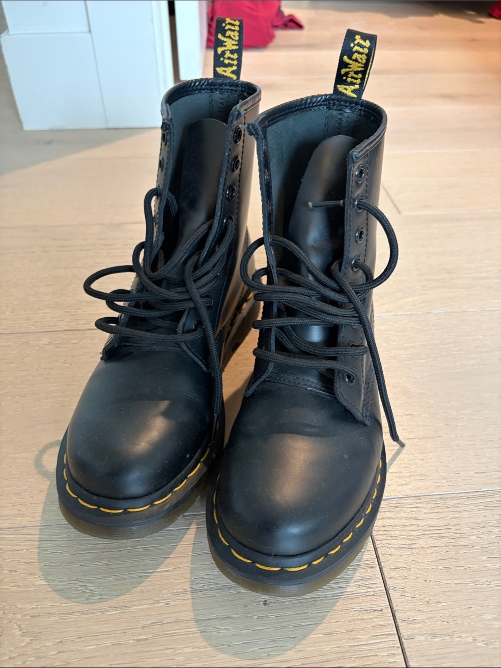 Dr. Martens Black Lace-Up Combat Boots with Yellow Stitching